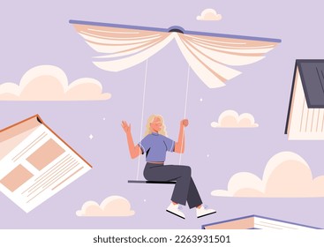 Concepto de educación y autodesarrollo. La mujer oscila en el cielo sobre balancines hechos de libros. Conocimiento e información, imaginación y fantasía. Inspiración y ambición. Dibujo vectorial plano de dibujos animados