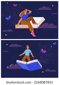 Educación y autodesarrollo. Hombre y mujer vuelan en libros en el espacio exterior. Los amantes de la literatura leen interesantes cuentos de hadas y abren nuevos horizontes. Juego de vectores planos de dibujos animados aislados en fondo blanco