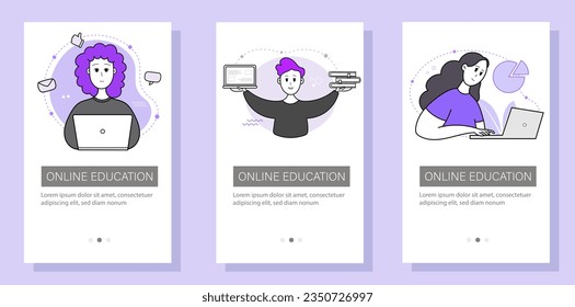 Educación y autodesarrollo. El concepto de formación, seminarios y cursos en línea. Conjunto de plantillas de diseño modernas para sitios web, aplicaciones, folletos, volantes. Ilustración vectorial.