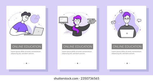 Educación y autodesarrollo. El concepto de formación, seminarios y cursos en línea. Conjunto de plantillas de diseño modernas para sitios web, aplicaciones, folletos, volantes. Ilustración vectorial.