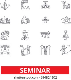 Education seminar, conference, workshop, lecture line icons.  Seminar outline signs set.  Lecture icons with editable strokes. Workshop education pictogram.