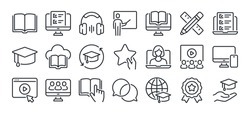 Education, seminar, online learning, webinar editable stroke outline icons set isolated on white background flat vector illustration. Pixel perfect. 64 x 64.