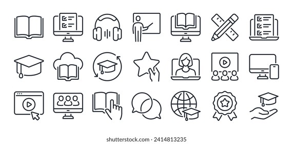 Education, seminar, online learning, webinar editable stroke outline icons set isolated on white background flat vector illustration. Pixel perfect. 64 x 64.