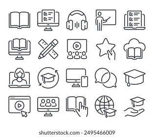 Education, seminar, online learning, webinar editable stroke outline icons set isolated on white background flat vector illustration. Pixel perfect. 64 x 64