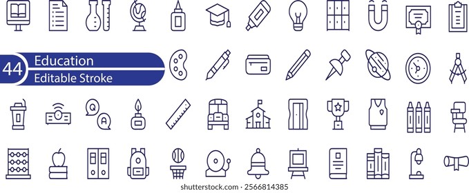 Education, seminar, online learning, webinar editable stroke outline icons set isolated on white background flat vector illustration