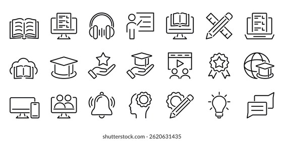 Education, seminar, online learning, webinar outline icons set
