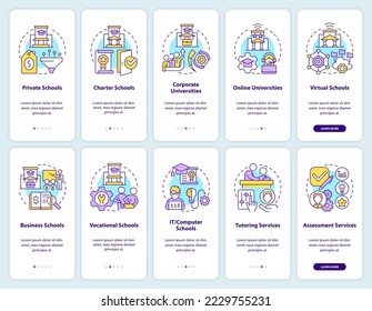 Education service providers onboarding mobile app screen set. Walkthrough 5 steps editable graphic instructions with linear concepts. UI, UX, GUI template. Myriad Pro-Bold, Regular fonts used
