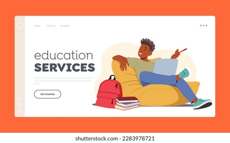 Education Services Landing Page Template. Relaxed Student Male Character Sitting With Laptop And Books on Beanbag during Educational Or E-learning Process Online. Cartoon People Vector Illustration