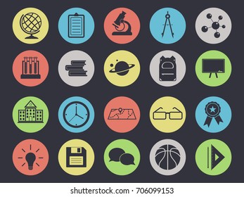 Education set. 20 icons isolated on black background