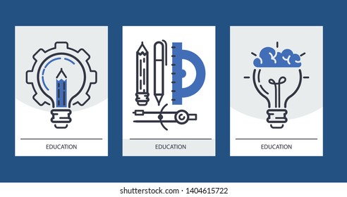 Education set of cards vector illustration. Online education, learning, learn to think. Pencil, pen, calipers, protractor, bulb with brains. Invitations for courses or classes.
