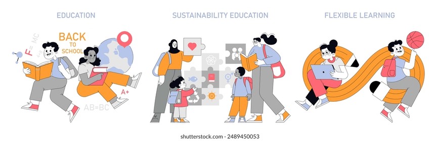 Education set. Conventional, sustainability, and flexible learning scenes with diverse students. Lifelong education journey, eco-awareness, adaptability. Vector illustration.