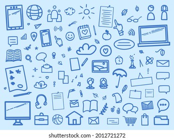 Education. Set of different signs and symbols. Abstract sketchy background with hand drawn school supplies. Technology concept. Freehand drawing. Banner design
