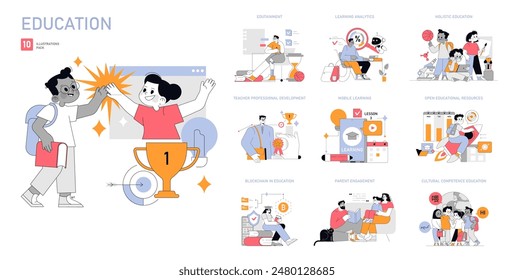 Education set. Diverse learning concepts from edutainment to blockchain. Interactive and inclusive educational approaches. Vector illustration.