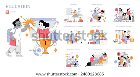 Education set. Diverse learning concepts from edutainment to blockchain. Interactive and inclusive educational approaches. Vector illustration.
