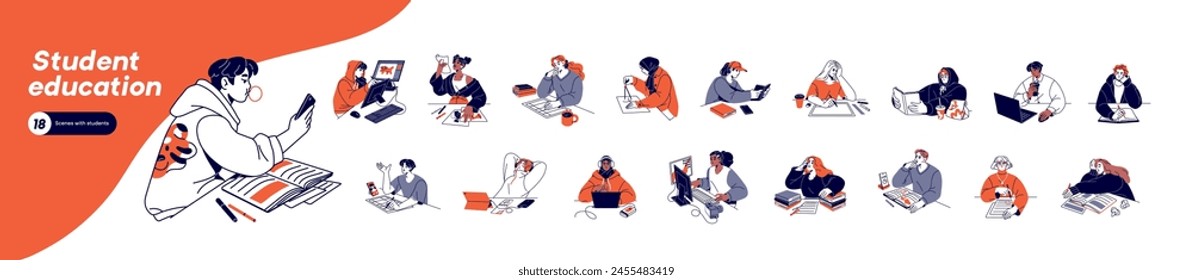 Education set. Diverse students study at the table, reading books. Different young people writing notes, drawing. Men and girls learning, work with laptops. Flat isolated vector illustrations on white