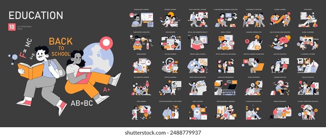 Education set featuring contemporary learning modalities and academic success. From STEM to mindfulness, diverse educational concepts are illustrated. Vector illustration.