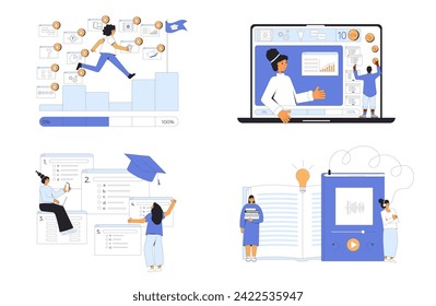 Education set. Gamification in learning, motivation and test exam concept. Online course or training. Teaching strategy for adult. Vector illustration in white background.