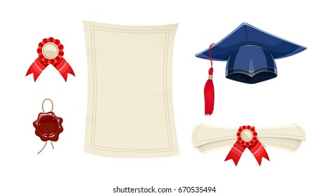 Education. Set For Graduation. Diploma Scroll, Academic Cap, Award Medal, Wax Seal, Paper Sheet Isolated White Background. Vector Illustration.