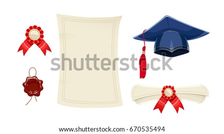 Education. Set for graduation. Diploma scroll, academic cap, award medal, Wax seal, paper sheet Isolated white background. Vector illustration.