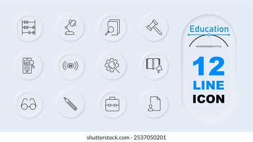 Education set icon. Abacus, microscope, gavel, mobile search, settings gear, speech bubble, glasses, checklist, book, briefcase. School equipment, research, study tools.