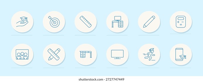 Education set icon. Cap, hand, target, ruler, desk, pencil, calculator, board, tools, monitor, student, phone. Learning, school, class, study, knowledge, online, academic, success, subject, digital.