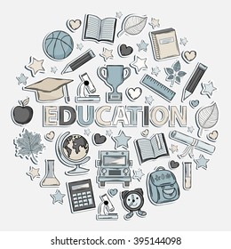 Education set icon in the form of a circle isolated on a white background.