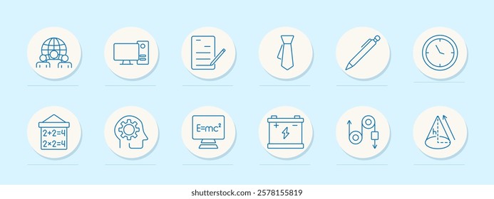 Education set icon. Globe, computer, document, tie, pen, clock, board, brain gear, formula, battery, physics diagram. Represent learning, time management, and academic concepts
