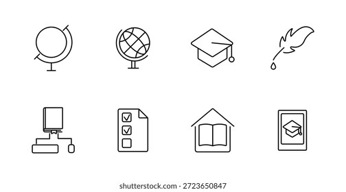 Icono de conjunto de Educaciones. Globo, gorra de graduación, pluma, lista de verificación, libro, aprendizaje digital, red, sistema educativo, estructura, prueba, aprendizaje en el hogar.