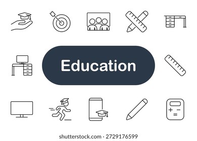 Ícone do conjunto de educação. Boné, alvo, régua, mesa, lápis, calculadora, monitor, estudante, smartphone, sala de aula, aprendizagem, ensino, estudo, objetivo, treinamento, lição, realização, online, escola