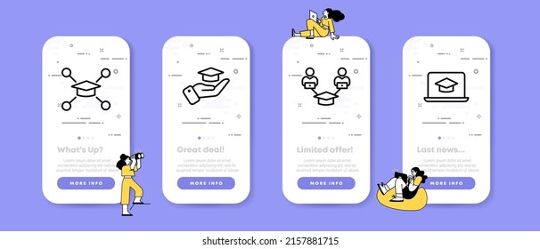 Education set icon. Knowledge, distance, pupil, team, computer, student, hand, classroom, remote, group. Learning concept. UI phone app screens with people. Vector line icon for Business