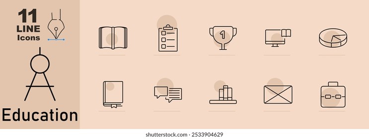 Ícone do conjunto de formação educacional. Livro aberto, lista de verificação, troféu, projetor, gráfico de pizza, livro texto, balão de fala, estante, envelope, pasta.