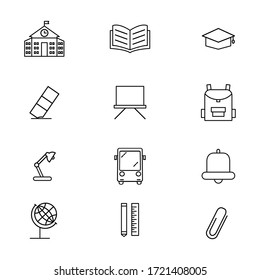 education set icon outline style for your web design, logo, UI. illustration. such as school,book,graduation,globe,eraser,blackboard,Backpack school,desk lamp,clip,