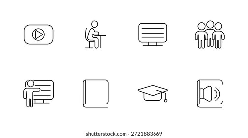 Icono de conjunto de Educaciones. Jugar Botón, estudiante, pantalla, grupo, presentación, libro, gorra de graduación, audiolibro, aprendizaje, conocimiento, estudio, conferencia, curso, clase