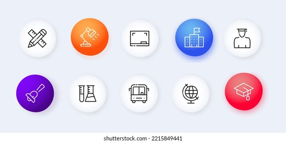 Education set icon. Ruler, pen, table lamp, educational institution, bell, chemistry, test tubes, September 1, knowledge day. Learning concept. Neomorphism style. Vector line icon for Business