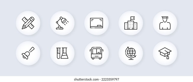 Icono de conjunto de educación. Regla, lápiz, lámpara de mesa, institución educativa, campana, química, tubos de prueba, 1 de septiembre, día del conocimiento. Concepto de aprendizaje. Icono de línea de vector para negocios y publicidad