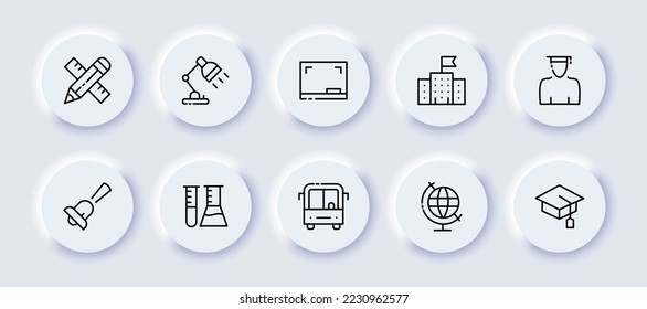 Education set icon. Ruler, pencil, table lamp, online conference, school, student, bell, chemistry, science, bus, globe, academic cap. Knowledge concept. Neomorphism. Vector line icon for Business