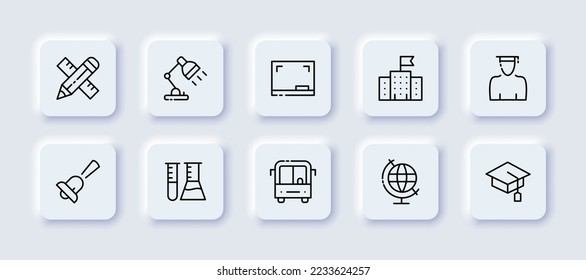 Education set icon. Ruler, pencil, table lamp, online conference, school, student, bell, chemistry, science, bus, globe, academic cap. Knowledge concept. Neomorphism. Vector line icon for Business