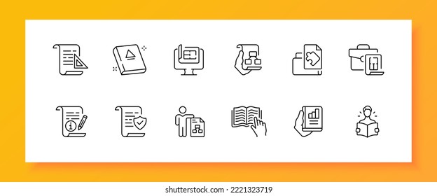 Education set icon. Scroll, drawing, square, book, textbook, online learning, distance, remote work, team, class, course, puzzle, statistics, study, analytics, shield. Knowledge concept. Vector icon