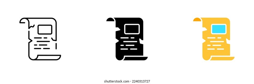 Education set icon. Scroll, drawing, square, book, textbook, online learning, distance, remote work, team, class, course, statistics. Vector icon in line, black and colorful style on white background