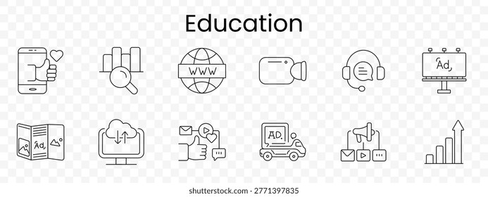 Education set icon. Smartphone, analytics, web, vr, headset, billboard, brochure, cloudsync, social, adtruck, megaphone, growth, elearning, promotion, media, course