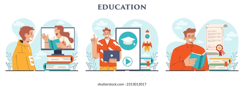 Conjunto de educación. Idea de estudio y obtención de conocimiento académico. Aumento de las competencias profesionales. Aprender cosas nuevas para la cualificación profesional. Ilustración vectorial plana