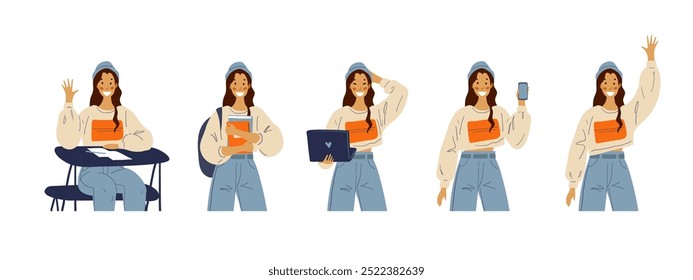 Conjunto de ilustraciones de Educación con personaje femenino, estudiante en diferentes situaciones, regreso a la escuela, tecnologías de aprendizaje modernas. Ilustración plana de dibujos animados.