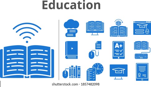 education set. included cloud library, tablet, ereader, ebook, books, test, homework, book, learning, student-desktop, login, click icons. filled styles.