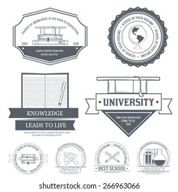 Education set label template of emblem element for your product or design, web and mobile applications with text. Vector illustration with thin lines isolated icons on stamp symbol. 