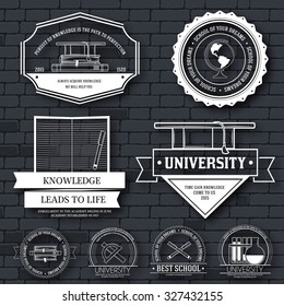 Education set label template of emblem element for your product or design, web and mobile applications with text. Vector illustration with thin lines isolated icons on stamp symbol