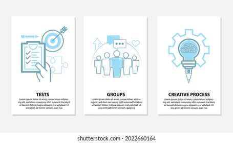 Education set of line design style vertical web banners on white background. Images of a check list, target, students, lightbulb. Tests, groups, creative process concepts