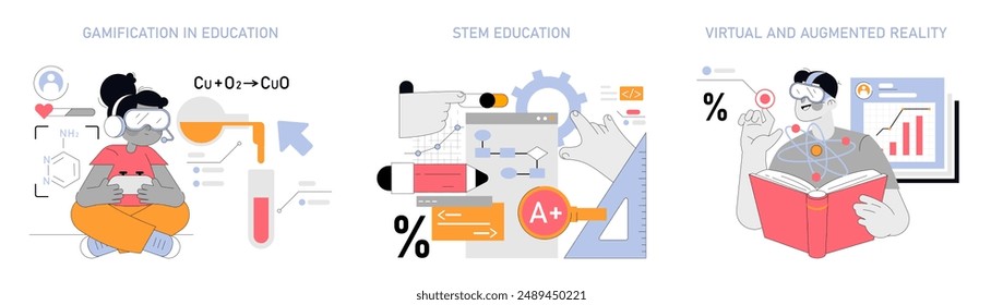 Juego de Educación. Enfoques modernos de aprendizaje que incluyen gamificación, STEM y realidad virtual. Experiencias interactivas de estudio, integración tecnológica. Ilustración vectorial.