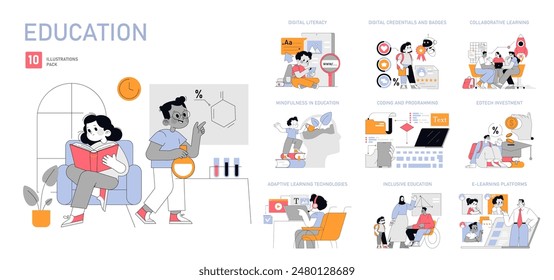 Education set. Modern learning environments and technologies showcased in various illustrations. Digital literacy, mindfulness, coding, and e-learning platforms. Vector illustration.