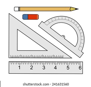 Education set. Pencil, eraser, protractor, triangle ruler, liner ruler. Vector clip art color illustrations isolated on white 
