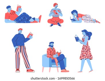 Education set of people characters reading books, vector illustration isolated.